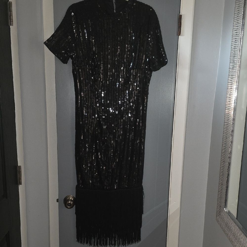 Glamorous Black Sequin Midi Dress with Fringe